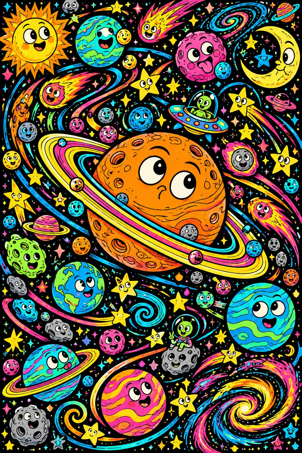 Orange ringed planet surrounded by colourful smiling planets, aliens, comets and stars on black.