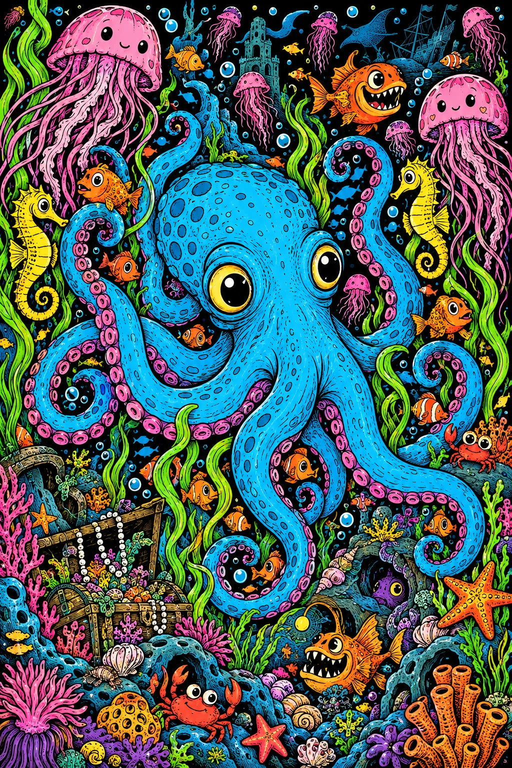 Large cyan octopus surrounded by pink jellyfish, yellow seahorses, orange fish and detailed coral on black.