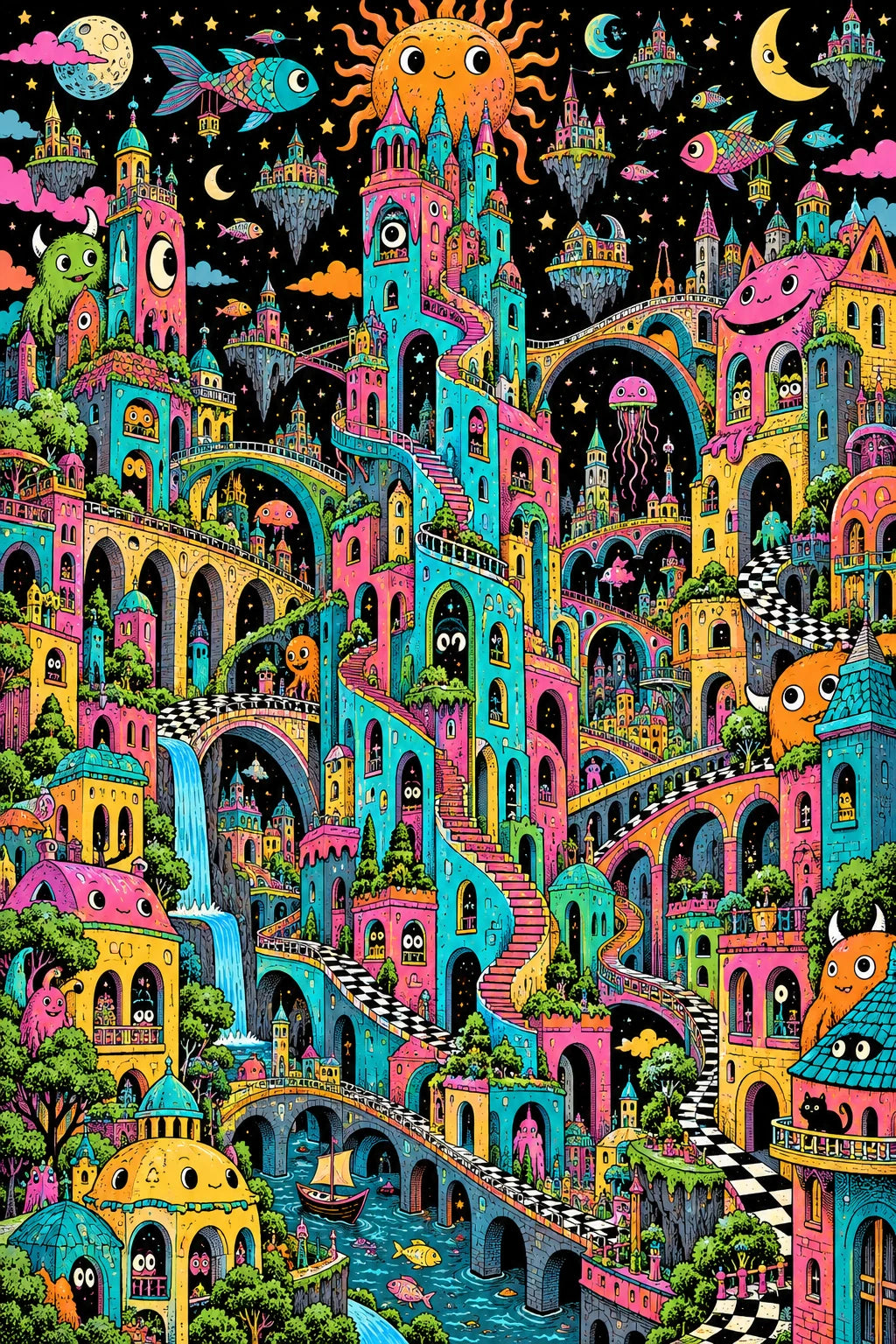 Intricate cyan, pink and yellow fantasy towers with curved bridges, curious faces and flying fish against black.