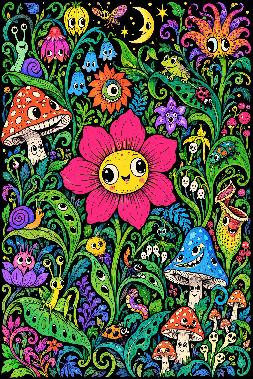 Pink smiling flower amid colourful mushrooms, curling green vines and small creatures on black.