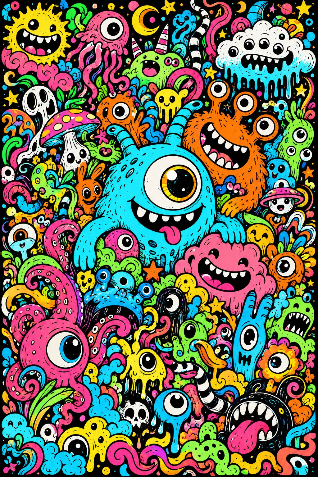 Dense colourful monster doodles on black, with a large cyan one-eyed creature at the centre.